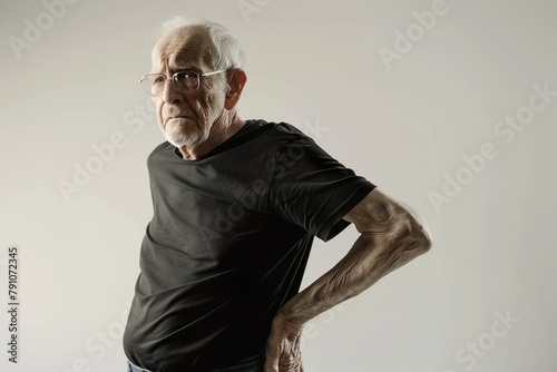 An elderly man grimaces in pain, clutching his lower back, standing against a simple backdrop, his posture conveying his discomfort. Back pain, osteochondrosis  photo