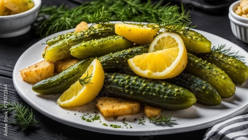 Pickled cucumbers, gherkins, cooked with garlic, dill, spices, with golden fried potatoes.