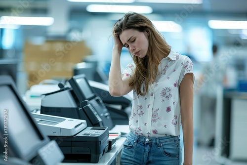 A young woman with a pained expression stands beside office printers, looking stressed and overworked.