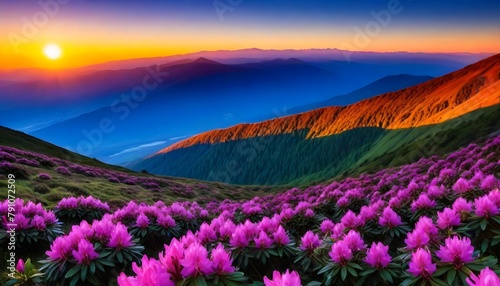  Beautiful rhododendron flowers over sunset mountains field landscape.