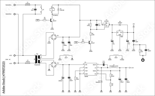 Schematic diagram of electronic device. Vector drawing electrical circuit with integrated circuit, inductor coil, diode bridge, transformer, relay, resistor, capacitor, transistor, antenna.