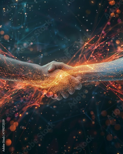 Energy flows between two hands in a handshake, symbolizing a powerful connection within a professional network