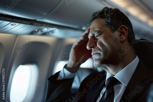 A distressed man in a suit holds his head, showing signs of a headache or stress during a business class flight with sunlight filtering through the window