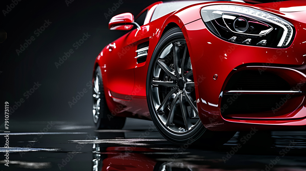 Luxury expensive red car parked on black background. Sport and modern luxury design car. Automotive advertising banner.