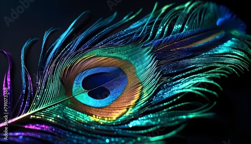 Iridescent peacock feather in vibrant colors on dark backdrop photo