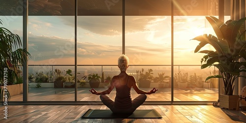 Senior woman doing yoga at home. Elderly people activity, retired life concept. Healthy lifestyle, sport, meditating. Health care. Woman in lotus position