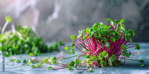 Close up Radish microgreen. Growing seeds. Superfood, healthy food. Fresh pink sprouts background with copy space. Young beet greens. Healthy lifestyle concept