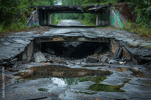 A crumbling infrastructure with potholed roads and deteriorating bridges, reflecting the neglect of public services during crisis. photo