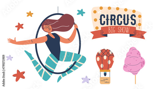 Aerial Gymnast Girl Captivating Audiences With Graceful Acrobatics, Daring Maneuvers Suspended In Air