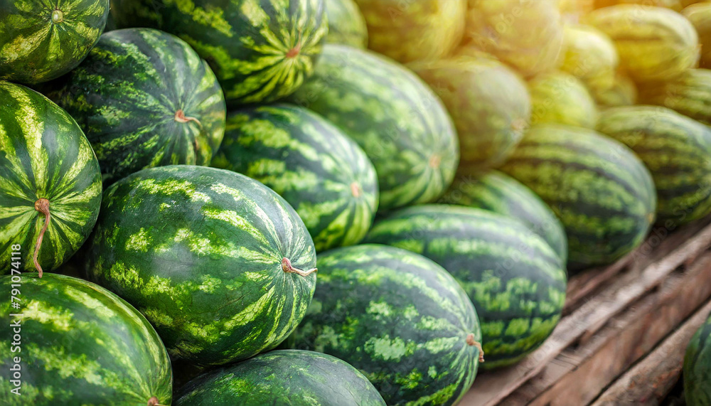 Vibrant closeup of fresh watermelon peels stacked at a bustling market stall, evoking summer freshness and agricultural abundance Vibrant closeup of fresh watermelon peels stacked at a bustling market stall, evoking summer freshness and agricultural abundance