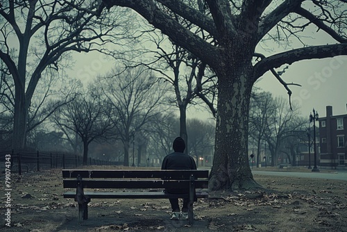 A lone figure sitting on a park bench with a downturned expression, portraying the isolation and despair of economic hardship.