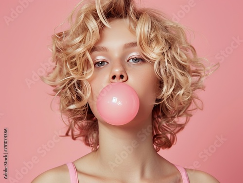 A young attractive woman with curly hair blows a pink bubble gum bubble. Lifestyle, female beauty. © Restyler