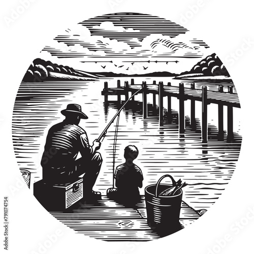 father and son at the beach catching fish