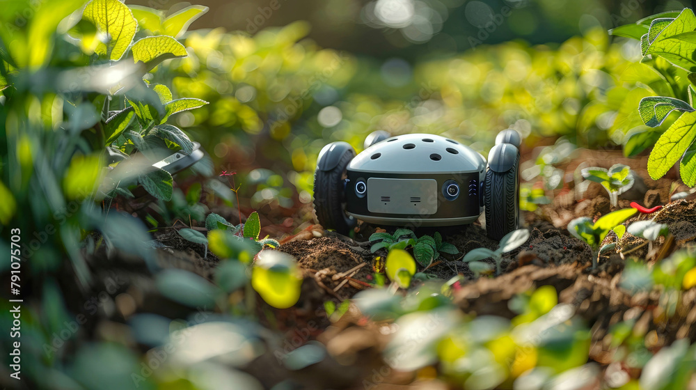 Miniature toy car with remote control on strawberry field. Technology and agriculture concept Miniature toy car with remote control on strawberry field. Technology and agriculture concept
