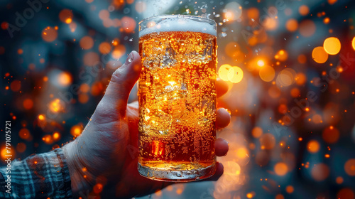 Man's hand holding a glass of beer on bokeh background