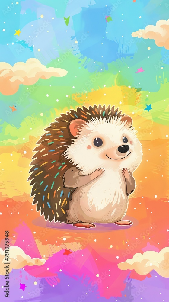 flat illustration cartoon hedgehog on rainbow background. flat illustration cartoon hedgehog on rainbow background.