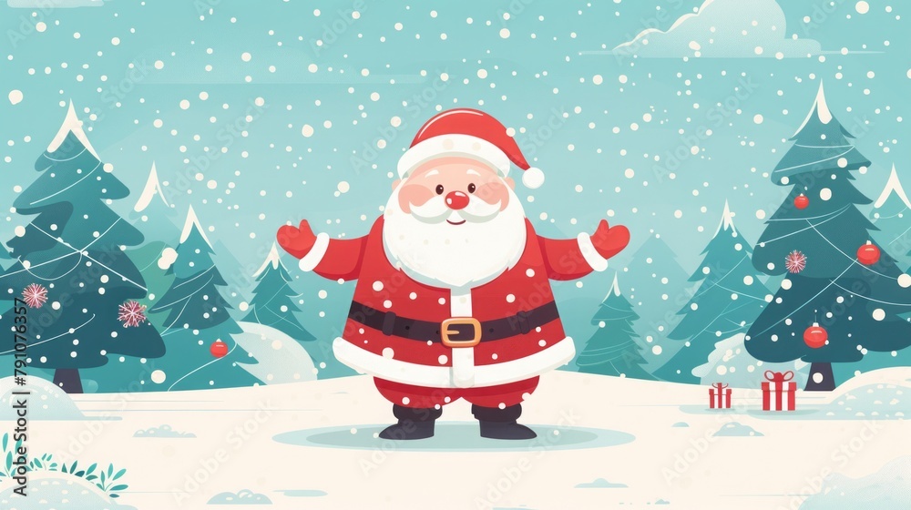 flat illustration cartoon santa claus on a background of snow and fir trees. flat illustration cartoon santa claus on a background of snow and fir trees.