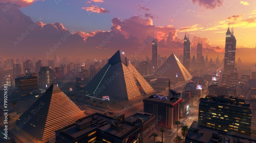 Pyramids in the middle of a futuristic city - obrazy, fototapety, plakaty 