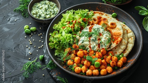  A platter featuring pita bread, lettuce, chickpeas, and sauce served separately
