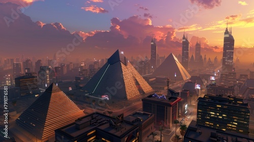 Pyramids in the middle of a futuristic city photo