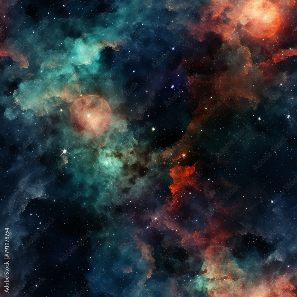 space cosmic background of supernova nebula and stars, glowing mysterious universe. Seamless pattern