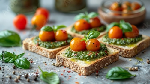  Four slices of bread bear pesto and tomatoes; positioned on a table Nearby, a bowl brims with seeds