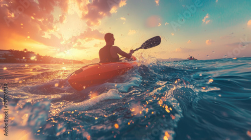 A man is actively paddling a kayak on top of a body of water