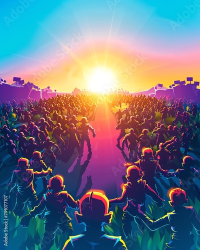 As dawn breaks on the apocalyptic landscape, a wide angle shot reveals the dark zombie horde advancing, their silhouettes blotting out the rising sun