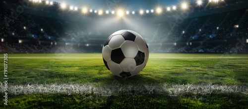 soccer ball on green grass in the center of a stadium © pector