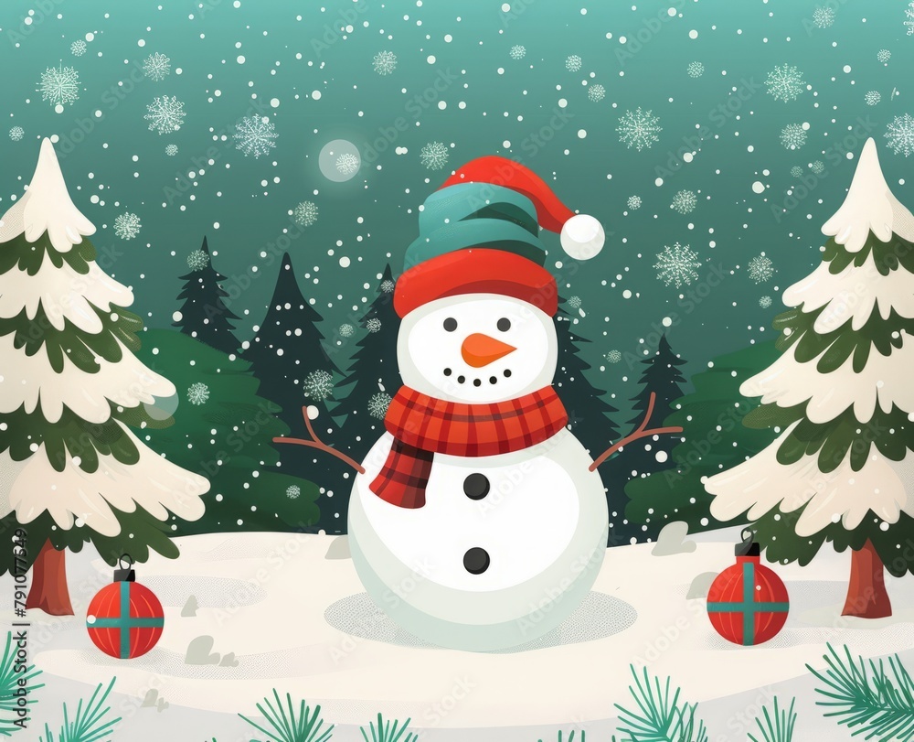 flat illustration cartoon snowman on a background of snow and fir trees. flat illustration cartoon snowman on a background of snow and fir trees.