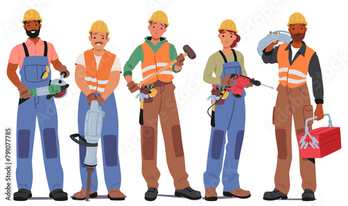 Construction Workers Male And Female Characters Stand In Row With Hammer, Drill, Toolbox, Grinder Tool And Wires