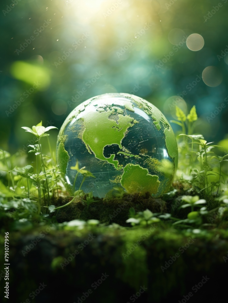 A globe is sitting on a green field with plants