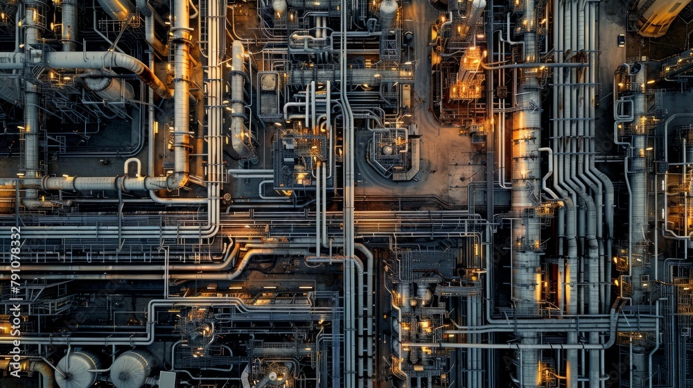 Detailed view of interconnected pipes and pipelines in an industrial building, forming the infrastructure of the refinery sector