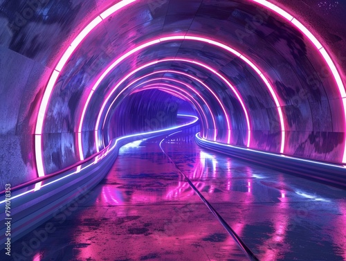 Neon lights curve along the contours of a futuristic tunnel, enhancing the depth and perspective in a mesmerizing scifi environment