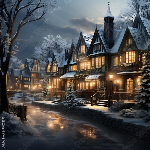 Winter night in the village. Winter landscape with houses and trees.