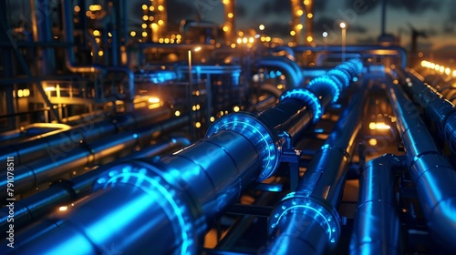 Night falls over an industrial complex where pipes glow with blue lights, reflecting the intensity of industrial operations