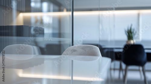A closeup view of a sleek modern office interior featuring a white table and chairs in a clean and stylish room