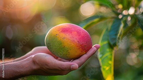Hand of person holding a ripe mango against a natural background, captured from a low angle