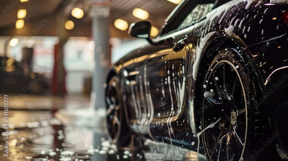 Close up of a sleek black sports car parked on a wet street, showcasing its glossy exterior and reflected surroundings