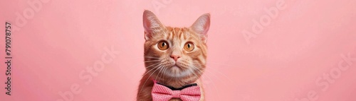 Portrait of a cat dressed in a bowtie, the pink background enhancing its cute expression and detailed whiskers