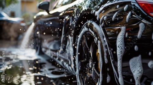 Close inspection of a black sports car being professionally cleaned, showing water flowing out of it