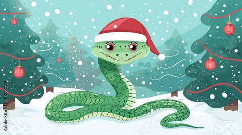 flat illustration of a cartoon kind green snake with a Santa Claus hat on its head on a background of snow and Christmas trees.