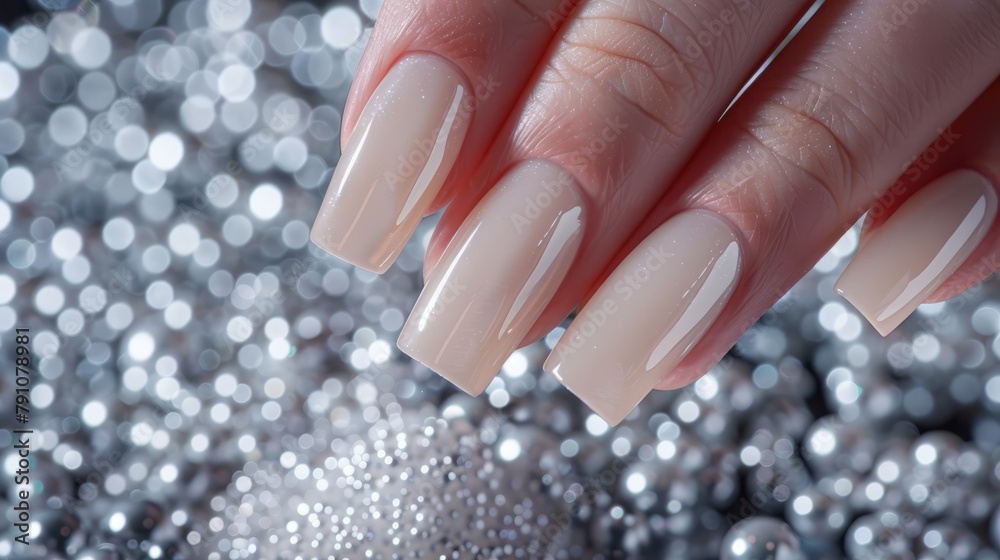 pearlescent gel polish on nails against a background of silver sequins. pearlescent gel polish on nails against a background of silver sequins.