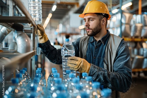 A male factory worker in protective gear inspects bottled water on a production line in an industrial setting photo