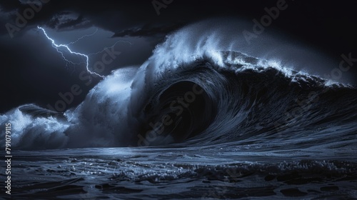 A large wave rises in the dark, stormy ocean, illuminated by lightning in the night photo