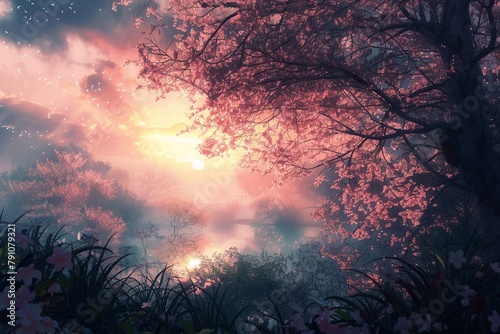sunset over cherry blossom tree 
