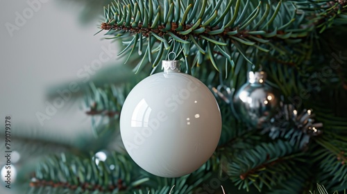Large christmas ball mock up, white sphere with no markings, hanging from the branch of a decorated christmas tree.. photo
