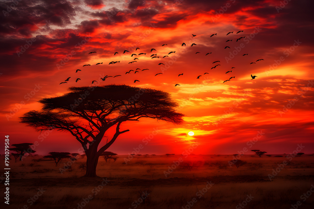 A vibrant savannah sunset, with birds silhouetted against the large, setting sun and acacia trees in the background   Generative AI,