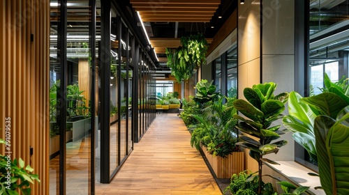 The harmony of nature and modern design in an office setting  with a plantfilled corridor illuminated by natural light