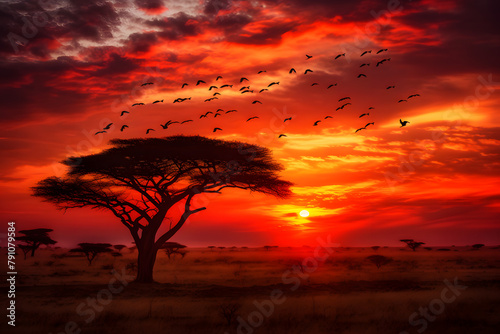 A vibrant savannah sunset, with birds silhouetted against the large, setting sun and acacia trees in the background Generative AI,